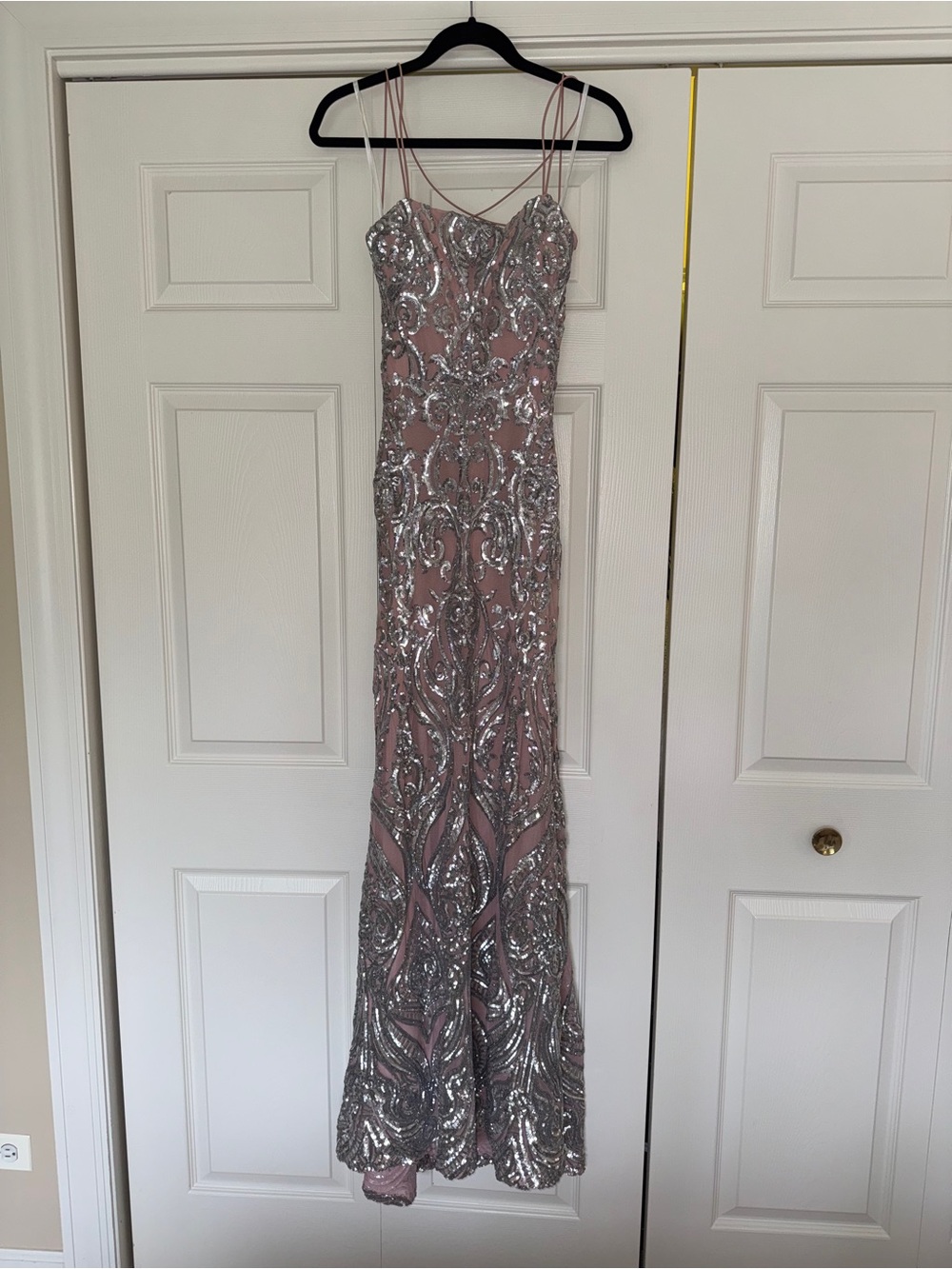 Silver Sequin Embellished Pink Evening Gown - Picture 3 of 6